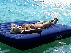 I Watched On The Beach How A Naked Girl With Big Tits Was Sunbathing On A Mattress. Slow Motion